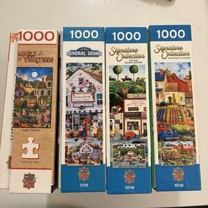 4 Master Pieces 1000 Piece Puzzles Lucky 13 Grandma's Garden The Old Filing Sta.